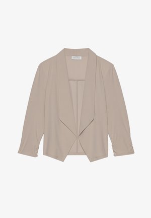 Beige leichter Blazer mit drapiertem Vorderteil, Dreiviertelärmeln und gerafften Manschetten. Weicher Stoff mit glatter Textur und ohne Verschlüsse.