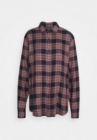 Langärmliges Hemd mit Knopfleiste in marineblauem und rotem Karomuster, aus glattem Stoff gefertigt; ausgestattet mit einem klassischen Kragen und geknöpften Manschetten.