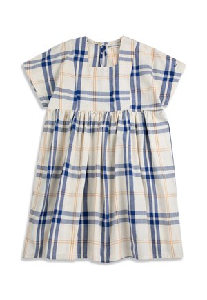 Šaty s krátkými rukávy se vzorem modré a oranžové kostky, s nabíraným pasem, čtvercovým výstřihem a zapínáním na knoflíky vzadu.