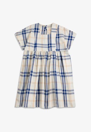 Short-sleeve dress with blue and orange plaid pattern, gathered waist, square neckline, and back button closure.