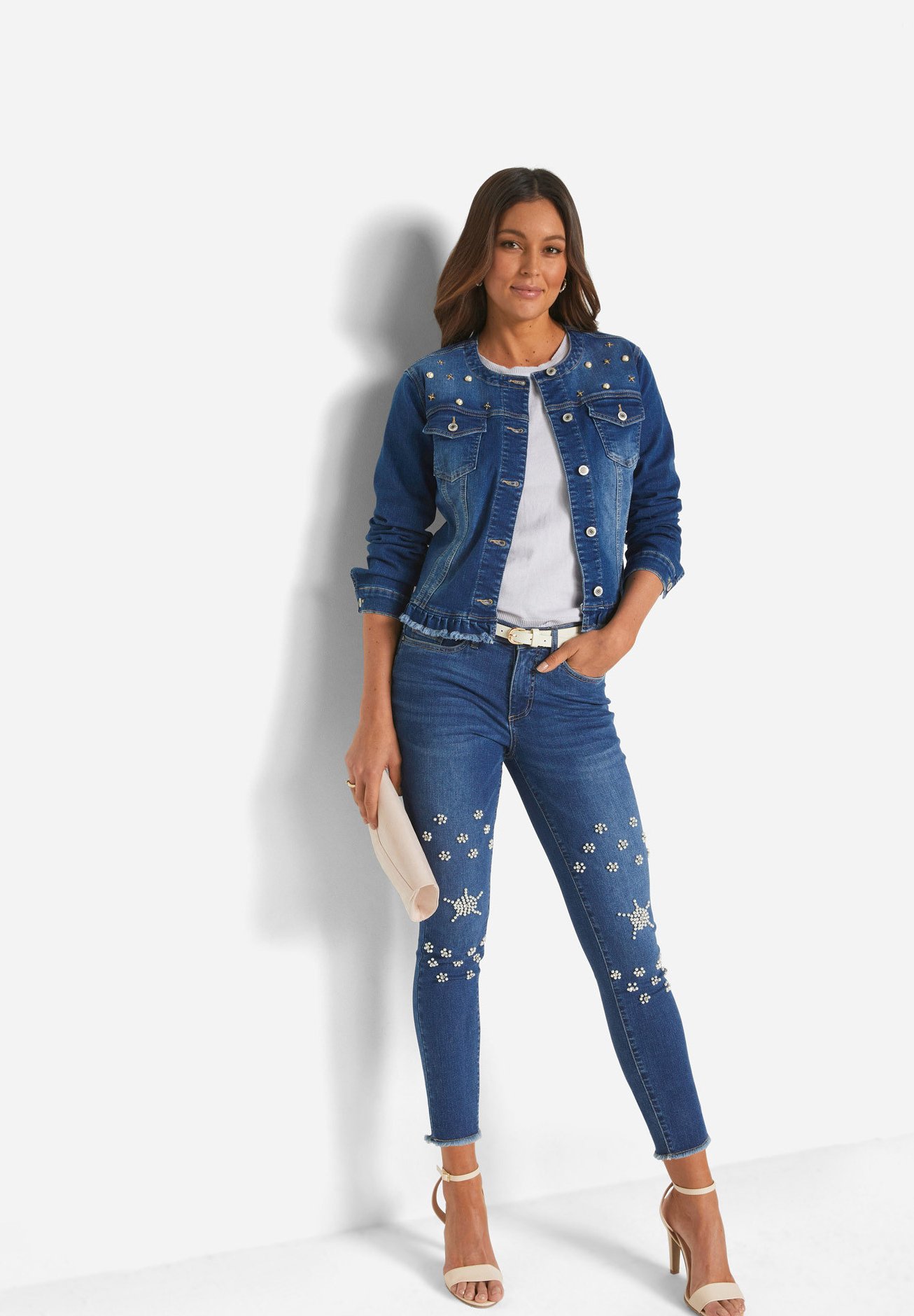 bonprix MIT PERLENAPPLIKATION VERSPIELTE - Giacca di jeans - blau/blu denim  - Zalando.it