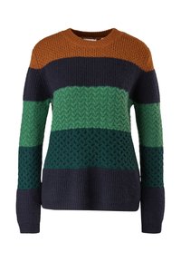 Pull en maille épaisse à rayures horizontales en rouille, marine, vert clair, vert foncé et marine, présentant des motifs texturés variés.