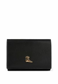 Portafoglio in pelle nera con finitura testurizzata, caratterizzato da un dettaglio a forma di stivale dorato sul davanti. Forma rettangolare compatta, stile minimalista.