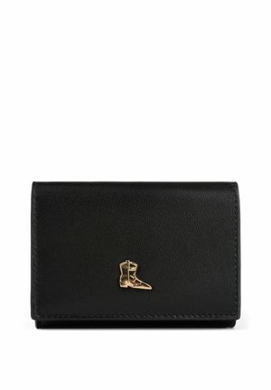 Black leather wallet with a textured finish, featuring a gold boot design accent on the front. Compact rectangular shape, minimalistic style.