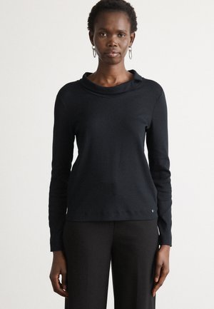 Zwarte longsleeve top met een cowl-neck, gemaakt van zacht materiaal. Heeft een getailleerd ontwerp en een subtiele merklogo op de zoom.