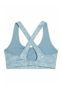 Ανοιχτό μπλε αθλητικό σουτιέν με μαρμαρυγιακή υφή, διακοσμημένο με σχεδιασμό με σταυρωτή πλάτη και τμήματα από δίχτυ για αερισμό. Λογότυπο στη ζώνη.