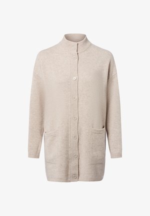 Beige knoop cardigan met een geribde kraag en manchetten, voorzien van twee voorzakken en een zachte, gestructureerde stof.