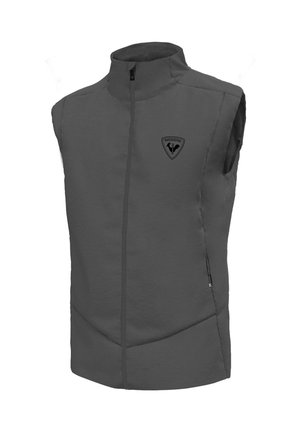 Grijze mouwloze jas met een hoge kraag, een rits aan de voorkant en zijzakken; beschikt over een zwart logo op de borst; glad, lichtgewicht stof.