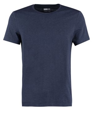 T-shirt à manches courtes bleu marine en coton, avec un col rond et une texture douce chinée, sans motifs ni accents visibles.