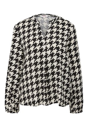 Zwart-wit houndstooth blouse met lange mouwen, een V-hals en elastische manchetten, gemaakt van lichtgewicht stof.