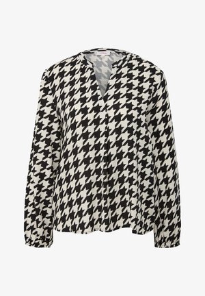 Schwarz-weiße Hahnentritt-Bluse mit langen Ärmeln, V-Ausschnitt und elastischen Bündchen, aus leichtem Stoff gefertigt.
