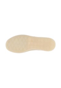Sål af en sneakers, med et mønstret tekstur, lys beige gummimateriale og en glat finish med en let glans.