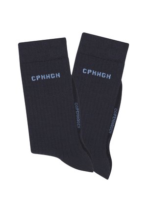 Navy cotton socks with ribbed texture, featuring light blue lettering "CPHGH" and "COPENHAGEN" on the cuff and side edges.