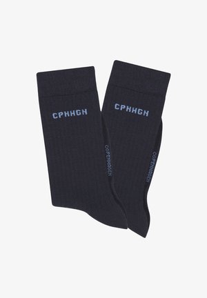 Navy cotton socks with ribbed texture, featuring light blue lettering "CPHGH" and "COPENHAGEN" on the cuff and side edges.