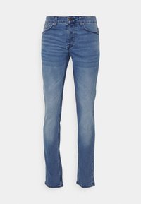 Lyseblå denimjeans med rett ben, to frontlommer, beltestropper og glidelås. Har subtile falminger og sømdetaljer.