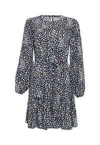 Vestido negro con un estampado floral en rosa, azul y amarillo. Presenta mangas largas abullonadas, una cintura ceñida y una falda de volantes en capas.
