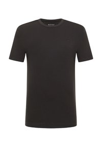 Schwarzes T-Shirt mit kurzen Ärmeln aus Rippstoff, mit Rundhalsausschnitt und kleinem Logo auf der Brust. Einfaches, lässiges Design.