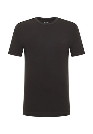 Black short-sleeve T-shirt made of ribbed fabric, featuring a round neck and small logo on the chest. Simple, casual design.