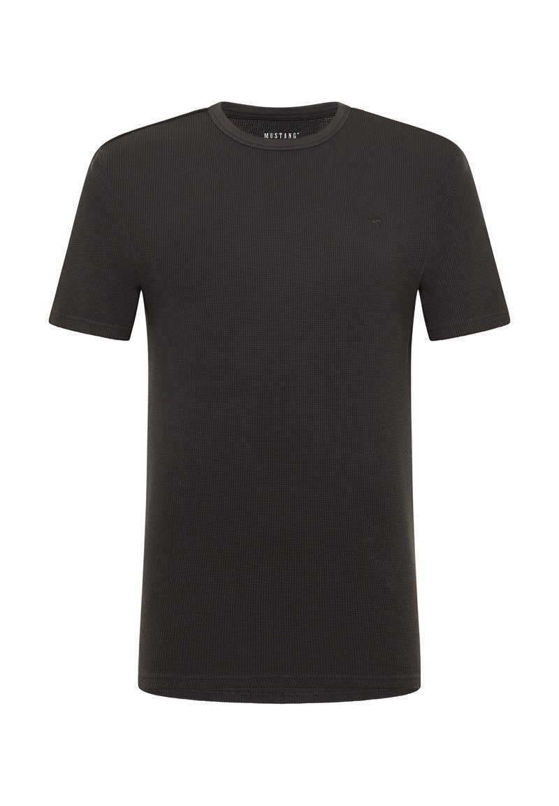 Schwarzes T-Shirt mit kurzen Ärmeln aus Rippstoff, mit Rundhalsausschnitt und kleinem Logo auf der Brust. Einfaches, lässiges Design.