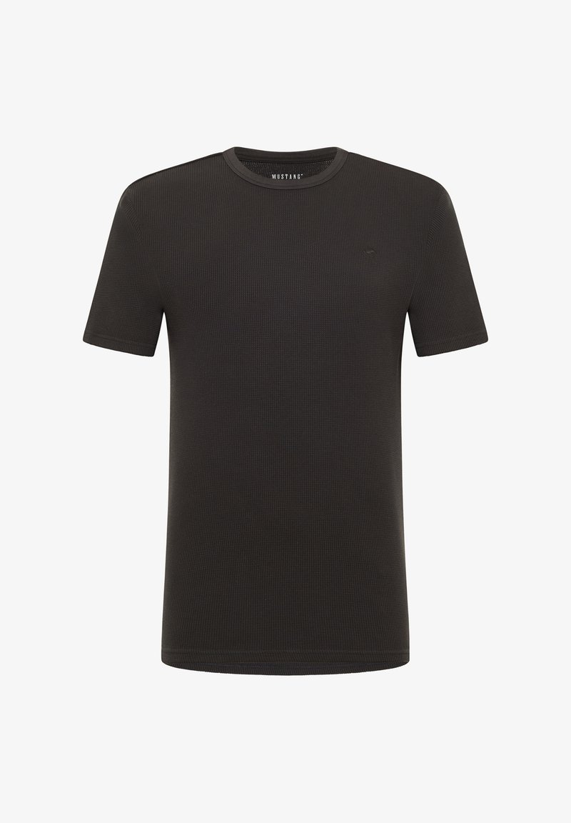 Black short-sleeve T-shirt made of ribbed fabric, featuring a round neck and small logo on the chest. Simple, casual design.