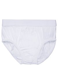 Baldos baltos medvilniniai apatiniai su minkšta elastinga juosta, surinktomis šoninėmis ir be siūlių kraštais patogumui; lygus paviršius ir klasikinas dizainas.