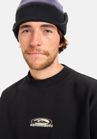 Zwarte sweatshirt met een ronde halslijn, voorzien van een geborduurd logo in wit en grijs. Het model draagt een bicolor beanie in zwart en paars.