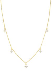Złoty naszyjnik z pięcioma gwiaździstymi akcentami, z każdym ozdobionym małymi, przejrzystymi kamieniami. Łańcuszek ma delikatny wzór ogniw.