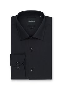 Czarna slim fit koszula z wykładanym kołnierzykiem, długimi rękawami i mankietami na dwa guziki. Posiada teksturowany materiał i czarne plastikowe guziki.