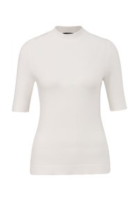 Top de punto blanco ajustado de manga corta con cuello alto y puños y dobladillo acanalados.