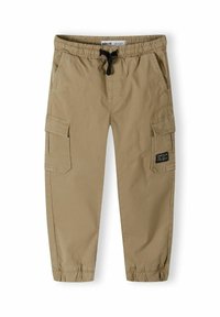 Khaki cargo kalhoty s elastickým pasem a nastavitelnou šňůrkou. Mají dvě boční kapsy a kapsu s štítkem na stehně.
