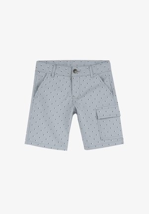 Grau cargo Shorts mit kleinem Blau- und Weißmuster. Verfügt über frontale Taschen und eine seitliche Cargotasche. Hergestellt aus einem weichen, atmungsaktiven Stoff.