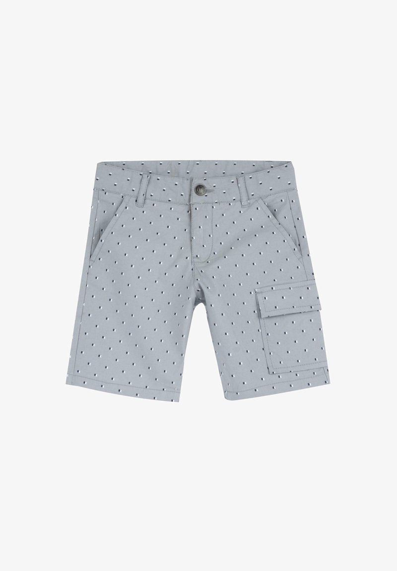 Shorts cargo gris avec un petit motif bleu et blanc. Comprend des poches avant et une poche cargo sur le côté. Fabriqué dans un tissu doux et respirant.