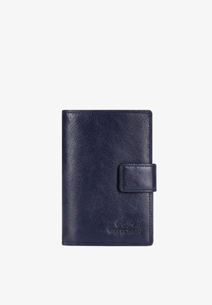 Cartera de cuero azul oscuro con cierre de correa con botón y logo Wittchen en relieve en la esquina inferior derecha.