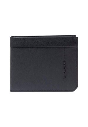 Portafoglio bifold in pelle nera con finitura texturizzata e logo in rilievo discreto nell'angolo in basso a destra, chiuso e visto dalla parte frontale.