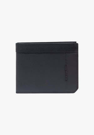 Zwarte leren bi-fold portemonnee met een textuurafwerking en een subtiel geperst logo rechtsonder, gesloten en van voren gezien.