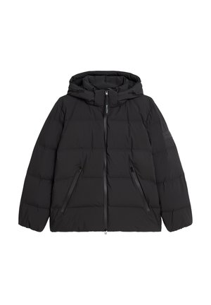 Black puffer jacket with a hood, zippered front, and two angled pockets. Made of quilted fabric with a smooth texture and minimal branding.