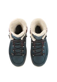 Blauwe synthetische wandelschoenen met grijze bontvoering, zwart-rode veters en metalen oogjes. Ronde neus en gewatteerde zool voor comfort.