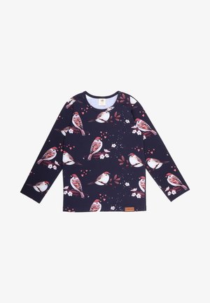 Langærmet mørkeblå skjorte med lyserøde og hvide fugle- og blomsterprint spredt over stoffet.