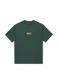 Green cotton T-shirt with a crew neck, short sleeves. Front features a small beige logo centered on the chest. Smooth texture.