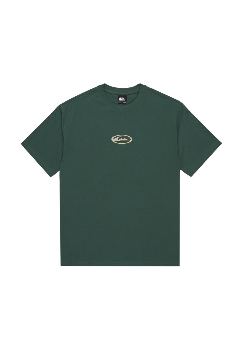 Green cotton T-shirt with a crew neck, short sleeves. Front features a small beige logo centered on the chest. Smooth texture.