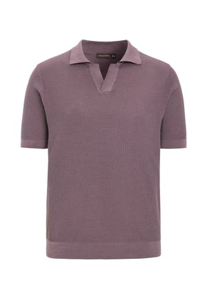 Korte mouwen gebreide polo in gedempt mauve met gestructureerde stof, open kraag en geribde zoom en manchetten.