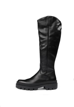 Knee-high black leather boots with a textured finish, round toe, and chunky black sole. Features minimal hardware and structured design.