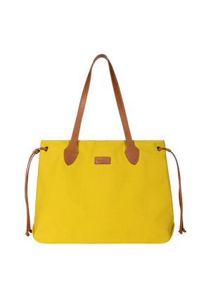 Gelbe Tragetasche mit braunen Leder-Schulterriemen und seitlichen Kordelzügen, rechteckige Form und kleinem Markenetikett in der Mitte vorne.