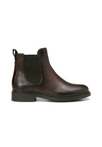 Bottes Chelsea en cuir brun foncé avec panneau élastique sur le côté, languette à l'arrière, petit talon et bout arrondi, vues de profil.