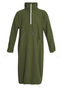 Grön fleeceklänning med hög krage, centrerad dragkedja och framficka. Har elastiska manschetter och justerbara dragsnören i nederkant.