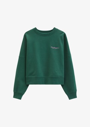 Sweat-shirt court vert foncé à manches longues avec un petit texte "Scandinavian Football Community" sur le côté gauche de la poitrine.