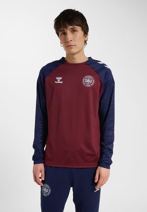 Jeune homme portant un maillot de sport bordeaux et bleu marine et un pantalon bleu marine avec les logos et marques de l'association danoise de football.