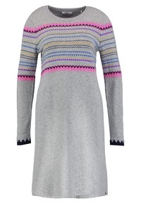 Graues gestricktes Kleid mit langen Ärmeln, das horizontale Muster in Pink, Blau und Schwarz aufweist. Rippkragen und gewellter Ärmelabschluss.