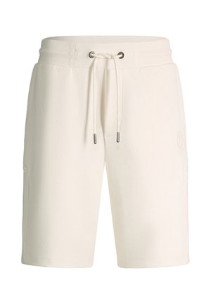 Kniehohe Shorts in Cremefarbe mit Kordelzug an der Taille und dezentem Logo auf dem rechten Oberschenkel, vor weißem Hintergrund präsentiert.