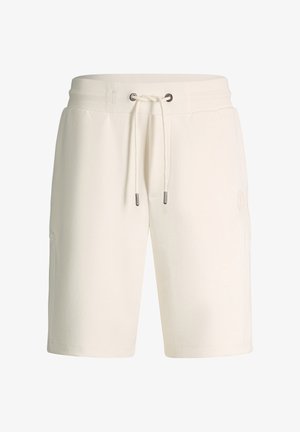 Kniehohe Shorts in Cremefarbe mit Kordelzug an der Taille und dezentem Logo auf dem rechten Oberschenkel, vor weißem Hintergrund präsentiert.